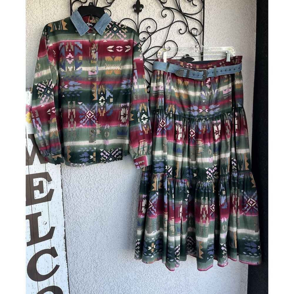 Vintage Roper Western Print Belted Skirt And Collard Button Up Shirt- M/L- Multi